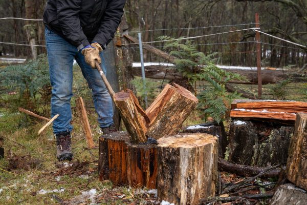 A closeup shot of a male cutting large wooden logs with an axe outdoors